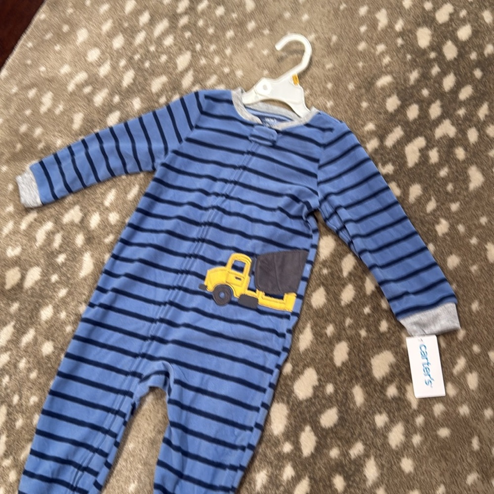 Carter's Blue Striped Footie with Yellow Truck. Size 3T - Picture 4 of 9